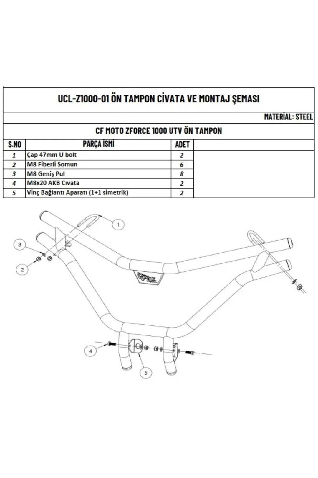Z Force 1000 Sport/R Utv Uyumlu Ön Tampon Koruma Demiri ek görünüm 3